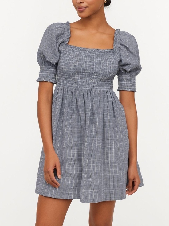Hill House Dresses & Skirts - Hill House Gray-Blue Plaid Smocked Mini Dress